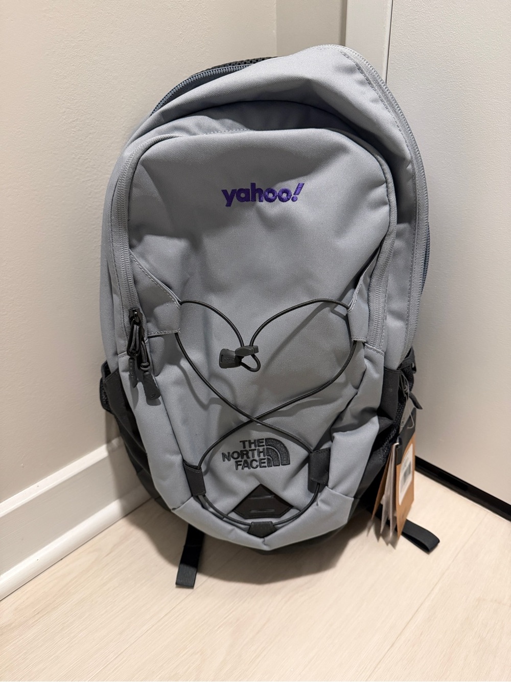 The North Face Light Gray Backpack with Purple Yahoo Logo